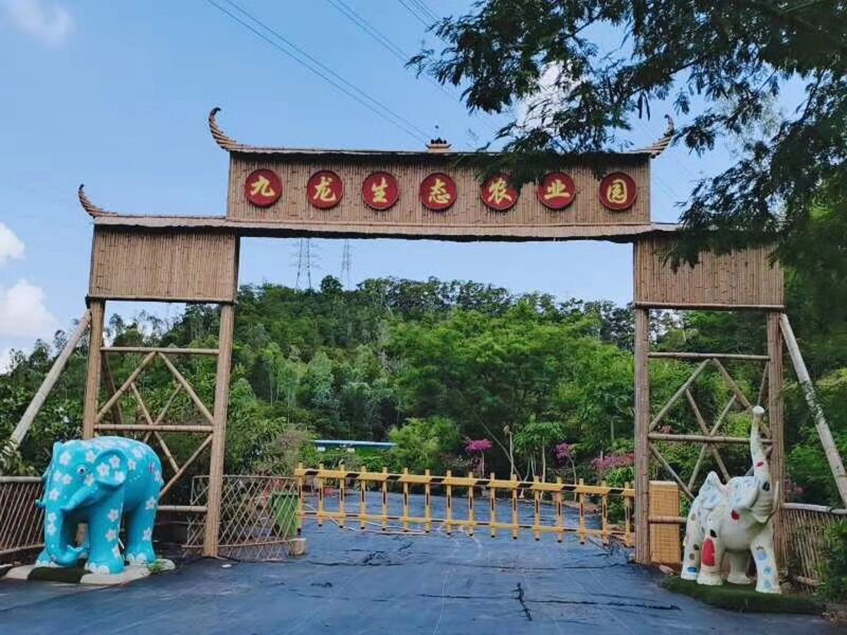 Jiulong Ecological Park entrance with traditional Chinese farmhouse architecture